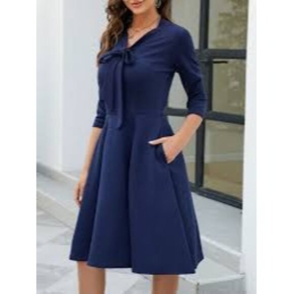 Oxiuly Fashion Dress Women's‎  Navy Blue pockets Fit & Flare Office Career sz M - Picture 1 of 12